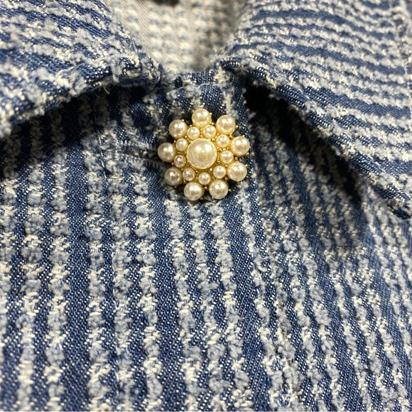 House of Harlow Cropped Nubbly Short Sleeve Jacket Accent Pearl Button Sz M Blue - Picture 2 of 7